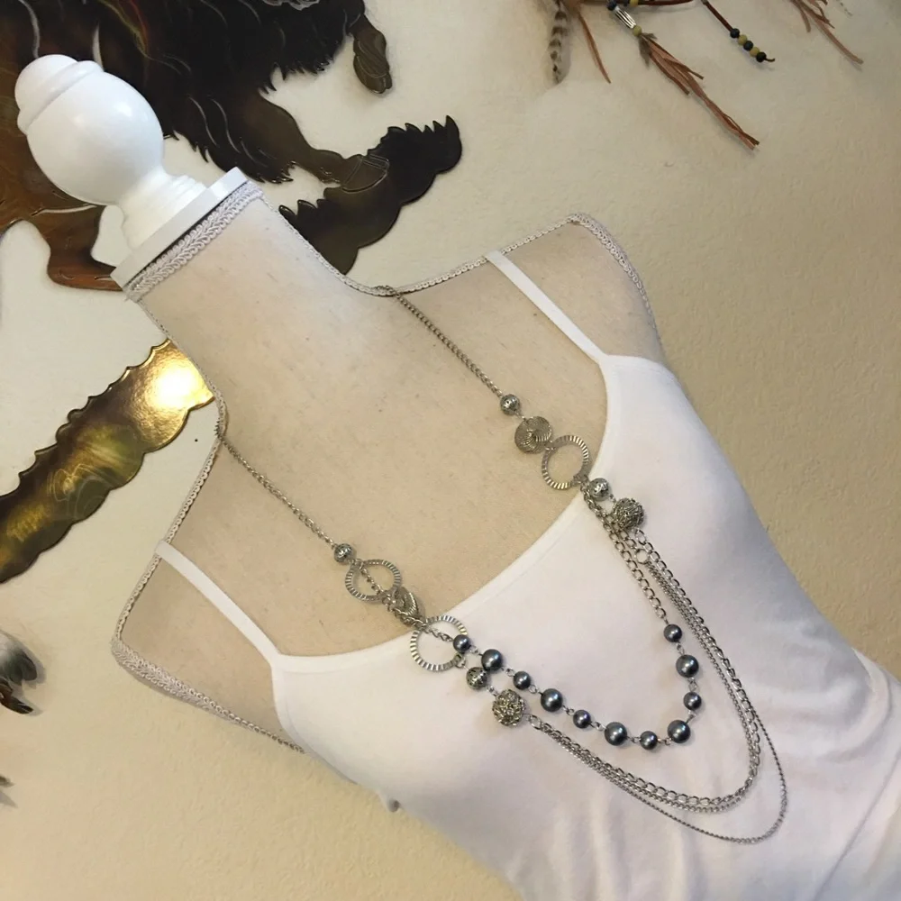 Silver tone tiered gray pearl bead long necklace